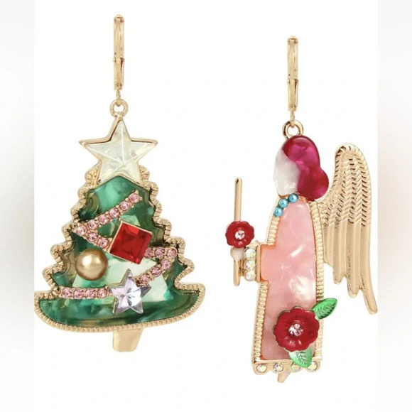 BETSEY JOHNSON Christmas Holiday Angel & Christmas Tree Mismatched Earrings NWT - Picture 3 of 3
